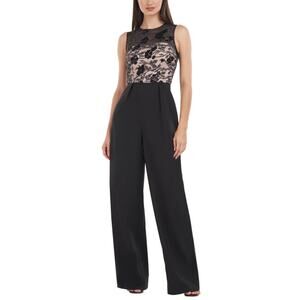 JS Collections Sequined Lace and Crepe Wide Leg Pant Jumpsuit Black Size 18